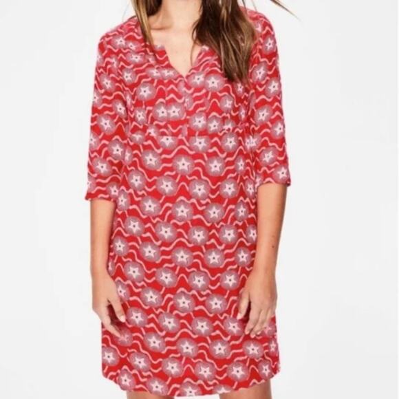 Boden Red Linen Star Mini Dress 3/4 Sleeve Notch Neck Sz 8 Petite - Picture 1 of 6